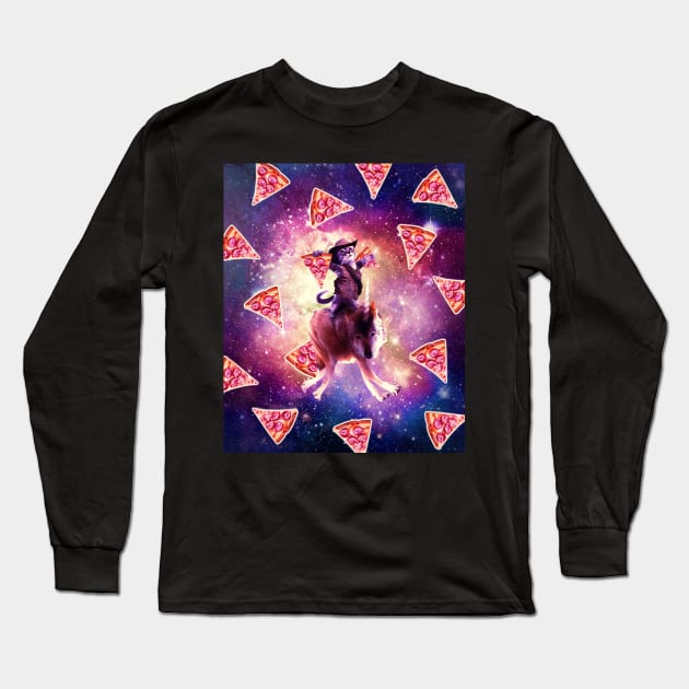 Cowboy Space Cat On Wolf Unicorn - Pizza Long Sleeve T-Shirt by Random Galaxy